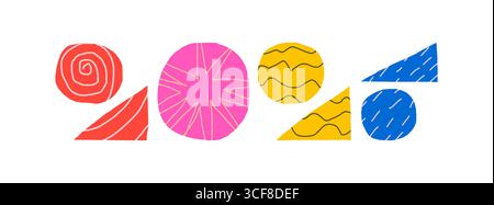 Illustrazione artistica del calendario 2026 con caratteri in stile doodle ed elementi astratti. Design moderno e allegro, perfetto per feste, biglietti stagionali o poster di Capodanno. Illustrazione Vettoriale