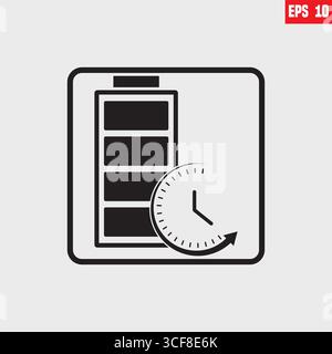 Icona dell'autonomia della batteria. Iconico simbolo nero piatto in un rettangolo nero arrotondato. Vettore tempo batteria. Progettato per il Web Illustrazione Vettoriale