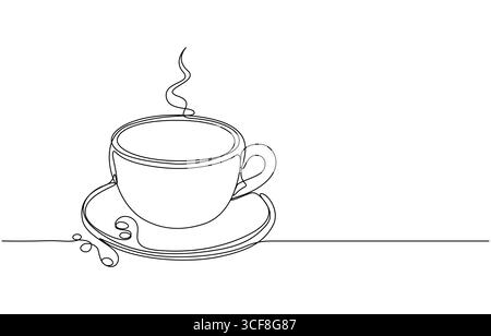 Tazza da caffè con una linea, tazza da caffè con linea continua, icona del tè, caffetteria, bevanda, contorno d'arte, tazza con logo, cibo, Illustrazione Vettoriale