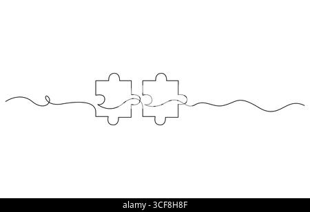 Due pezzi di puzzle disegni a linea singola, due puzzle collegati a linee artistiche pezzi di puzzle disegno continuo a una linea. Illustrazione Vettoriale