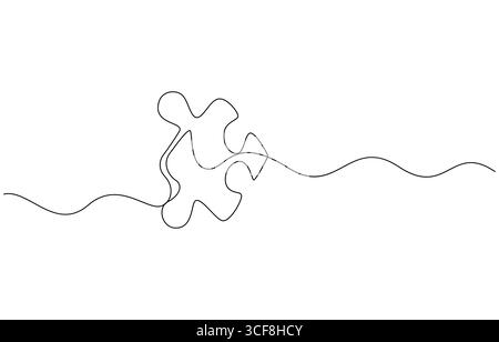 Due pezzi di puzzle disegni a linea singola, due puzzle collegati a linee artistiche pezzi di puzzle disegno continuo a una linea. Illustrazione Vettoriale