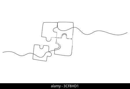 Due pezzi di puzzle disegni a linea singola, due puzzle collegati a linee artistiche pezzi di puzzle disegno continuo a una linea. Illustrazione Vettoriale