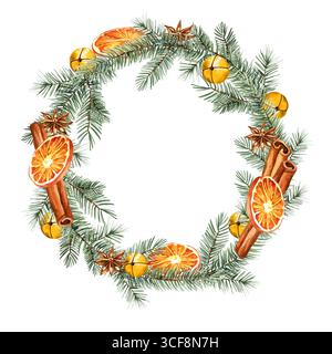 Corona di acquerelli di rami di conifere, albero di Natale e spezie, cannella, campane dorate, buccia d'arancia, schizzo disegnato a mano di rami di abete verde, nat Foto Stock