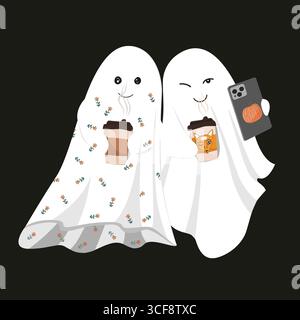 Simpatici fantasmi che bevono caffè da tazze di carta e scattano selfie. Festa dei fantasmi. Elemento di design della carta Halloween Illustrazione Vettoriale