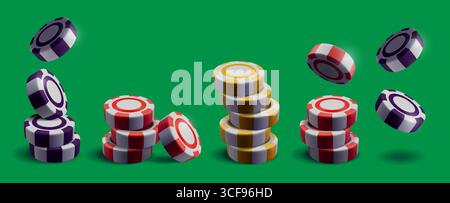 Collezione di rendering 3d con chip del casinò con chip colorati impilati e fluttuanti per giocare d'azzardo o scommettere su sfondo verde. Gettoni di gioco professionali realizzati da un artista digitale per uso commerciale Illustrazione Vettoriale
