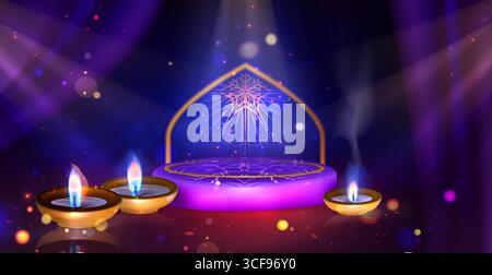 Sfondo Happy Diwali con lanterna luminosa e podio festoso per festeggiare. Tradizionale festival indiano con luci decorative e candele per saluti o vetrine natalizie. Illustrazione Vettoriale