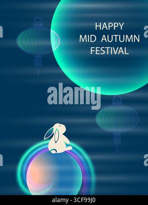 Festival di metà autunno con un simpatico coniglio che guarda la luna piena. Illustrazione vettoriale. Traduzione cinese Happy Mid-Autumn Festival Illustrazione Vettoriale