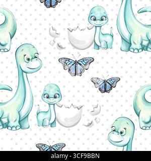 Fantasia senza cuciture con simpatici dinosauri e farfalle su uno sfondo punteggiato adatto per la carta da parati e il design tessile Illustrazione Vettoriale