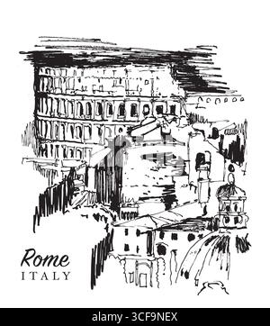 Illustrazione vettoriale disegnata a mano di una vista panoramica di Roma e del Colosseo Illustrazione Vettoriale