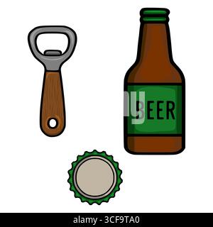 Una stravagante illustrazione vettoriale con bottiglia di birra, apribottiglie e tappo, realizzata in stile cartoni animati con contorni audaci e un allegro colore pa Illustrazione Vettoriale