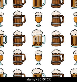 Motivo vettoriale senza cuciture caratterizzato da un vivace design dell'Oktoberfest con tazze e bicchieri da birra in legno, perfetto per sfondi festivi e festeggiamenti Illustrazione Vettoriale