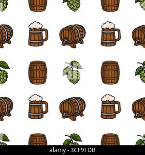 Motivo vettoriale senza cuciture con tazze, barili e luppolo in legno disegnati a mano, creando un design rustico e festoso dell'Oktoberfest. Illustrazione Vettoriale