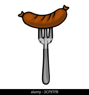 Un'allegra illustrazione vettoriale di una salsiccia alla griglia impalata su una forchetta, che presenta uno stile cartoonish con contorni audaci e ricche tonalità di marrone e grigio. Illustrazione Vettoriale