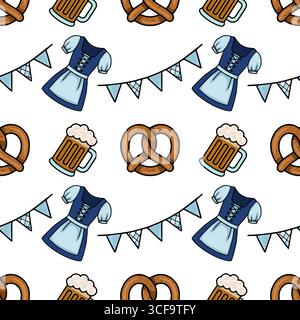 Motivo vettoriale senza cuciture con elementi dell'Oktoberfest, tazze da birra, pretzel, abiti in dirndl e accatastamento natalizio, per creare un'atmosfera allegra e vivace Illustrazione Vettoriale