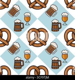 Motivo vettoriale senza cuciture con pretzel bavaresi e tazze da birra su sfondo diagonale blu chiaro e bianco, perfetto per le celebrazioni dell'Oktoberfest Illustrazione Vettoriale