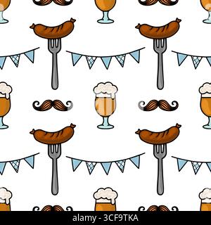 Motivo vettoriale senza cuciture con elementi dell'Oktoberfest tazze da birra con schiuma, salsicce grigliate sulle forchette e baffi bavaresi, il tutto organizzato in modo divertente Illustrazione Vettoriale