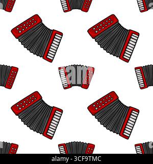 Motivo vettoriale senza cuciture con fisarmoniche rosse e nere vivaci, con disposizione giocosa su sfondo bianco, ideale per le feste e i temi musicali Illustrazione Vettoriale