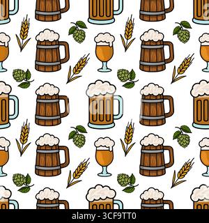 Motivo vettoriale senza cuciture con stravaganti illustrazioni di tazze da birra, gambi di grano e luppolo, ideale per disegni a tema Oktoberfested o brandin di birreria Illustrazione Vettoriale