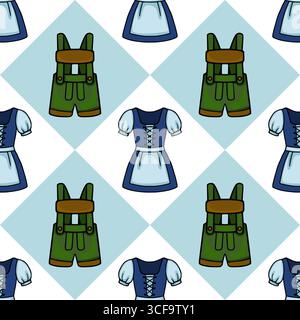 Motivo vettoriale senza cuciture con una rappresentazione giocosa dei tradizionali costumi lederhosen e Dirndl dell'Oktoberfest, disposti su un diamante azzurro Illustrazione Vettoriale