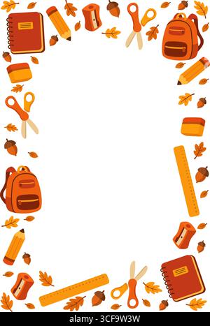 Cornice per la scuola autunnale con cancelleria in Flat Vector Design Illustrazione Vettoriale
