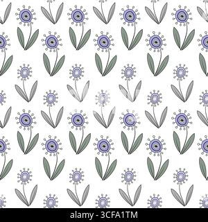 Grazioso motivo floreale senza cuciture in stile country. Fiori verdi viola calmi su sfondo bianco. Fiori di fantasia con contorno nero. Alternanza h Illustrazione Vettoriale