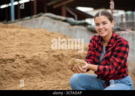 Coltivatore femmina che squatting a mucchio grande di grano esaurito del birwer Foto Stock