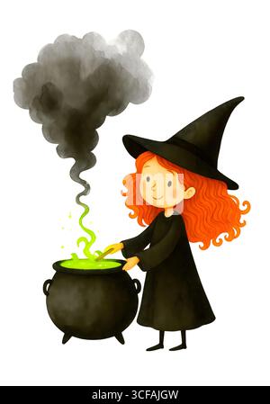 Carino Halloween Witch Watercolor Illustration, personaggio di Magical Girl Clipart isolato Foto Stock
