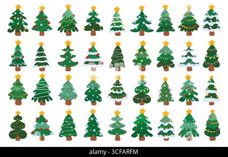 Set clipart piatto albero di Natale. Gli elementi decorativi Christmas Tree December clip art Collection con colorate palline di Natale e luci decorative Illustrazione Vettoriale