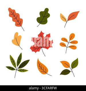 Set di vettori Fall Leaves (caduta foglie). Clipart autunnale, illustrazioni a doodle piatte. Colorata collezione botanica disegnata a mano. Colori giallo, verde e rosso Illustrazione Vettoriale