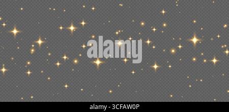 Stelle dorate scintillanti, effetto luminoso con particelle lucenti, texture Flying stardust trasparente Illustrazione Vettoriale