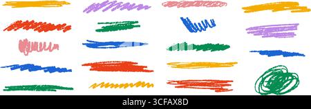 Set di scarabocchi per bambini dai colori vivaci. Collezione colorata di pasta sfoglia e strisce in pastello. Elementi di pennellata a carbone grezzo disegnati a mano. Matita pastello riccia, ondulata, con tratti di coccodrillo. Vettore Illustrazione Vettoriale