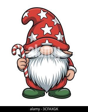 Christmas Gnome con Candy cane e Starry Hat Illustration Illustrazione Vettoriale