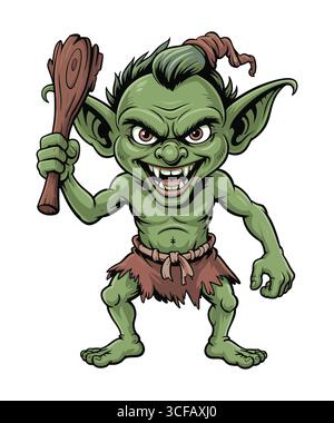 Angry Goblin in possesso di un'illustrazione di Halloween su bastone Illustrazione Vettoriale