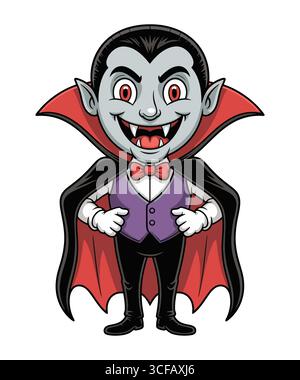 Carino vampiro con Red Cape e Bow Tie Halloween Illustration Illustrazione Vettoriale