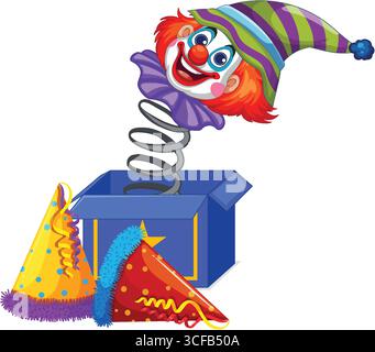 Il colorato clown Jack-in-the-box esce dalla scatola blu, circondato da cappelli festosi. Stile cartoni animati luminoso, linee pulite e colori vivaci Illustrazione Vettoriale