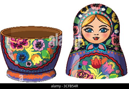 Illustrazione vettoriale di una colorata bambola russa che nidifica, divisa in due parti, decorata con intricati motivi floreali e colori vivaci Illustrazione Vettoriale
