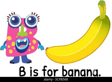 Illustrazione vettoriale colorata del carattere lettera B e della banana. Vivace stile cartoni animati adatto per materiali didattici Illustrazione Vettoriale