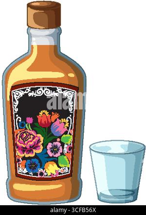 Illustrazione vettoriale di una bottiglia di liquore con vivace etichetta floreale e un bicchierino trasparente, resa in uno stile cartoni animati pulito e colorato Illustrazione Vettoriale