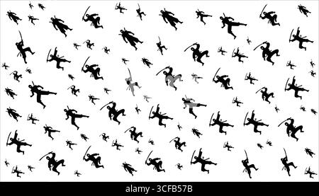 Modello Ninja silhouette Vector in bianco e nero su sfondo bianco Illustrazione Vettoriale