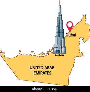 Illustrazione vettoriale che evidenzia il Burj Khalifa di Dubai su una mappa semplificata degli Emirati Arabi Uniti con etichette chiare e colori vivaci Illustrazione Vettoriale