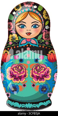 Illustrazione vettoriale di una classica bambola matryoshka russa, vivaci motivi floreali, colori vivaci, composizione simmetrica e stile artistico popolare dettagliato Illustrazione Vettoriale