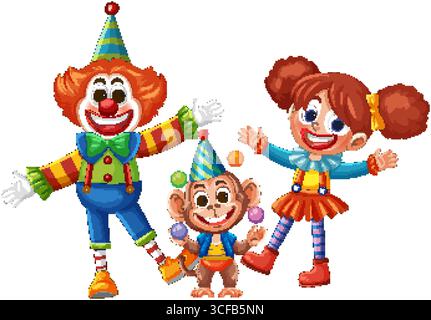 Clown, scimmia e ragazza dai colori vivaci in stravagante illustrazione vettoriale. Colori vivaci ed espressioni allegre creano una composizione vivace Illustrazione Vettoriale