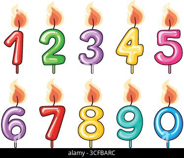 Candele numeriche dai colori vivaci da zero a nove con fiamme realistiche, disposte su due righe su sfondo bianco in stile vettore cartoni animati Illustrazione Vettoriale