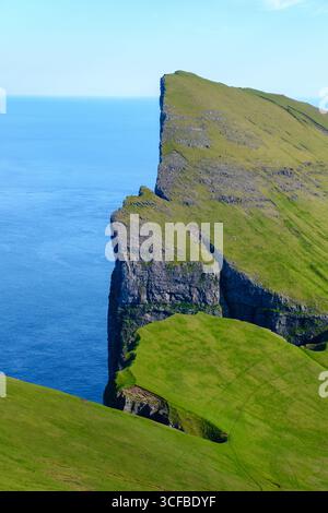 Le torreggianti scogliere di Mylingur si innalzano drammaticamente dall'oceano, mostrando lo splendido paesaggio delle Isole Faroe. L'erba verde vibrante contrasta con W. Foto Stock