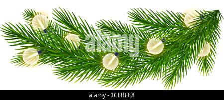 Realistico ramo di abete natalizio con una serie di calde luci di colore giallo. Per l'atmosfera delle vacanze, i disegni delle feste di Capodanno, i biglietti d'auguri di Natale Illustrazione Vettoriale