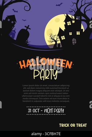 Sfondo del modello di biglietto d'invito per la festa di Halloween. Poster di halloween con scene di case infestate, tombe, lune, pipistrelli. Illustrazione Vettoriale
