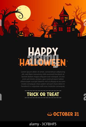 Sfondo del biglietto di auguri di buon halloween o del modello di invito alla festa. Poster di Halloween con case infestate, tombe, lune, pipistrello, zucca. Illustrazione Vettoriale