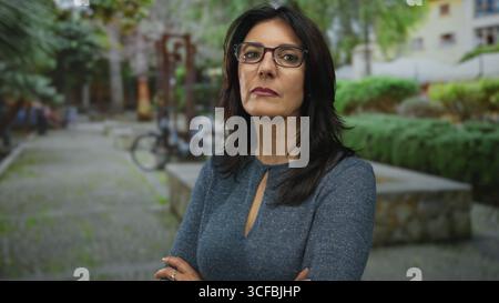 La donna ispanica che indossa gli occhiali sta con le braccia incrociate su un sentiero verde vicino a una panchina e a un portabiciclette; rifiuto. Foto Stock