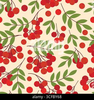 Frutti di rowan freschi maturi con foglie senza cuciture. Atmosfera calda autunnale con sfondo rowan. Stampa foresta autunnale, grafica vettoriale Illustrazione Vettoriale
