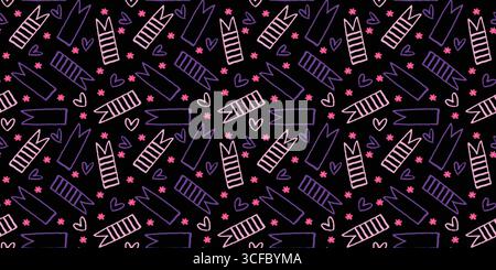 Simpatico motivo senza cuciture Doodle con nastri, cuori e fiori su sfondo nero. Design vettoriale disegnato a mano per bambini, scrapbooking, decorazioni per feste Illustrazione Vettoriale